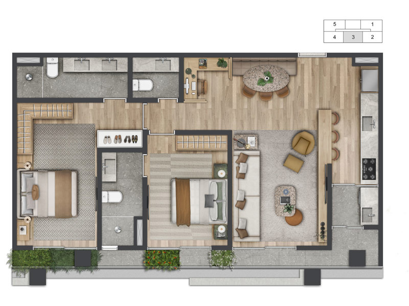 Ilustração da planta - Planta 91m² padrão 