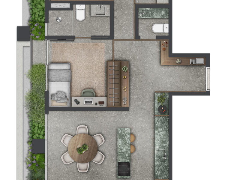 Ilustração da planta - Planta 92m² opção Decorado 