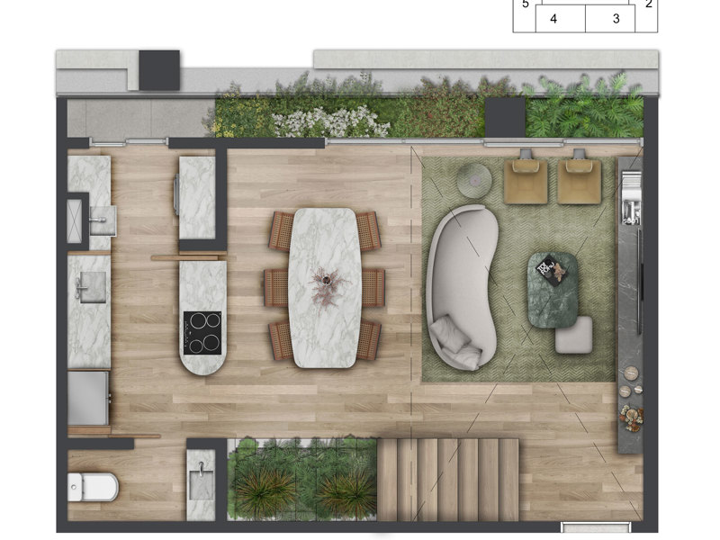 Ilustração da planta - Planta Duplex Inferior 77m² padrão 