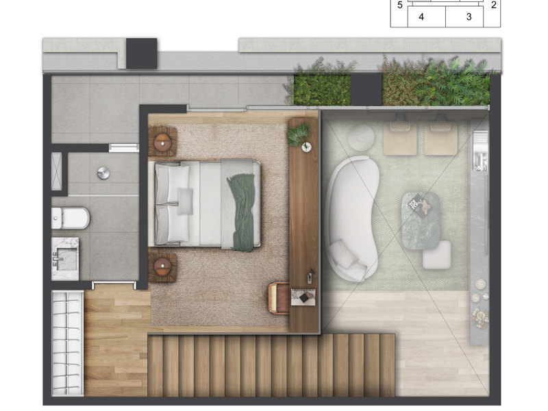Ilustração da planta - Planta Duplex Superior 77m² padrão 