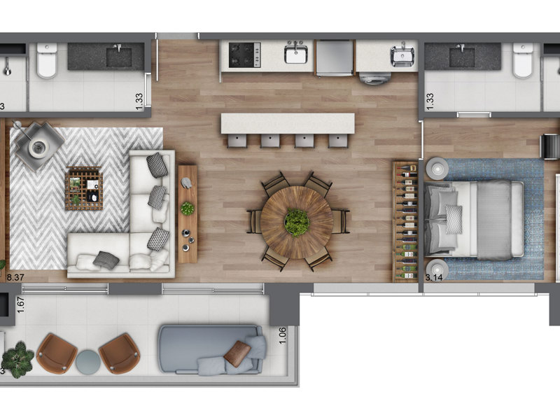 Ilustração da planta - Apto tipo 02 A Ampliada