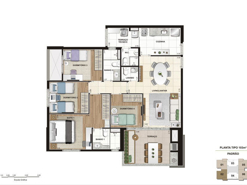 Ilustração da planta - Tipo 103m²