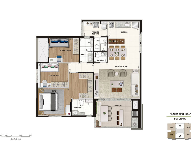 Ilustração da planta - Tipo 76m²