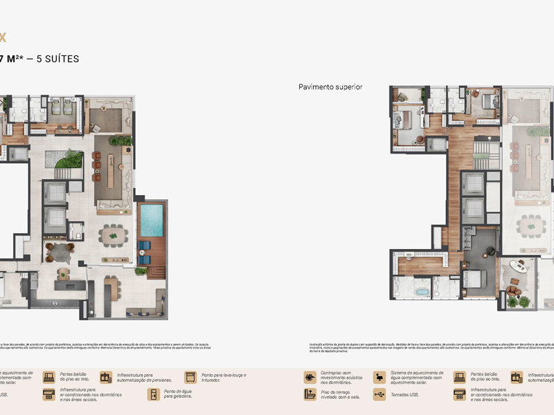 Ilustração da planta - Planta duplex apartamento de 597m²* - 5 suítes