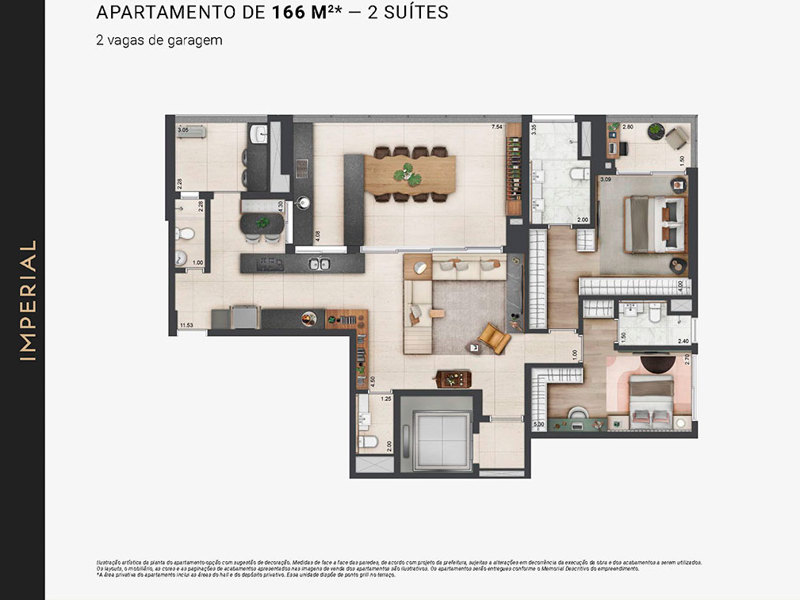 Ilustração da planta - Planta opção apartamento de 166m²* - 2 suítes