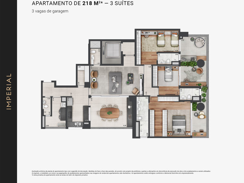 Ilustração da planta - Planta padrão apartamento de 218m²* - 3 suítes