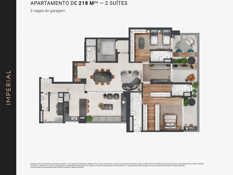 Ilustração da planta - Planta opção 1 apartamento de 218m²* - 2 suítes