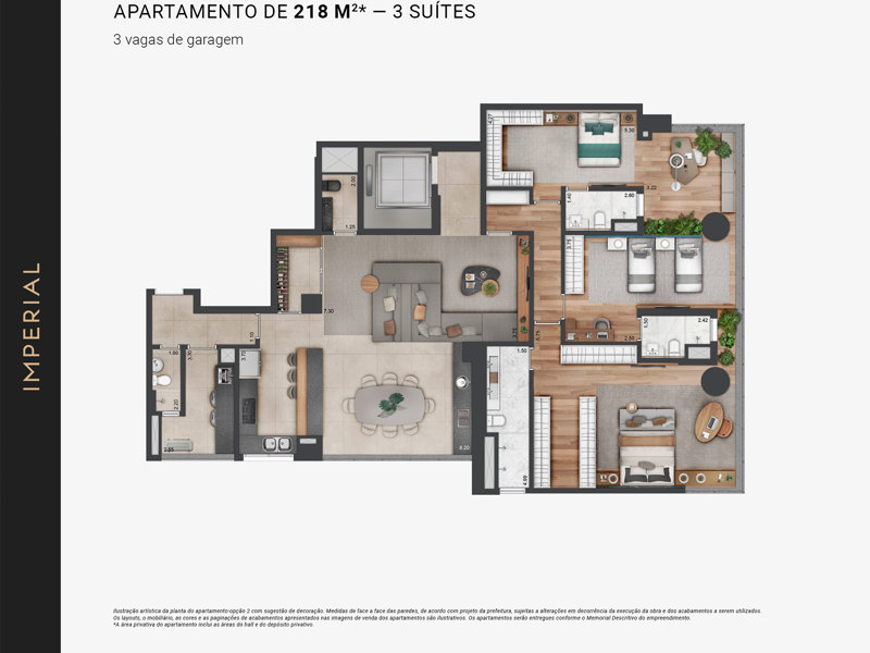 Ilustração da planta - Planta opção 2 apartamento de 218m²* - 3 suítes