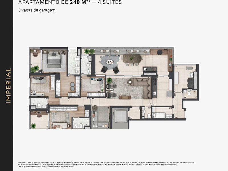 Ilustração da planta - Planta padrão apartamento de 240m²* - 4 suítes
