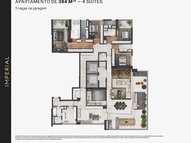 Ilustração da planta - Planta padrão apartamento de 384m²* - 4 suítes