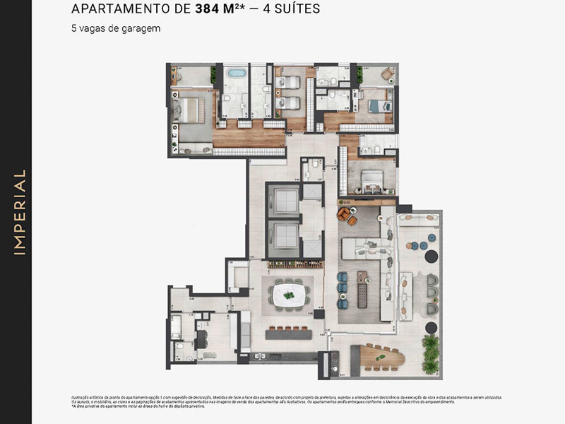 Ilustração da planta - Planta opção 1 apartamento de 384m²* - 4 suítes