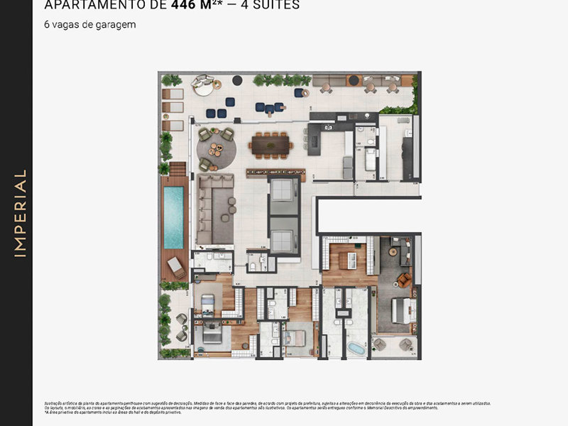 Ilustração da planta - Planta penthouse apartamento de 446m²* - 4 suítes