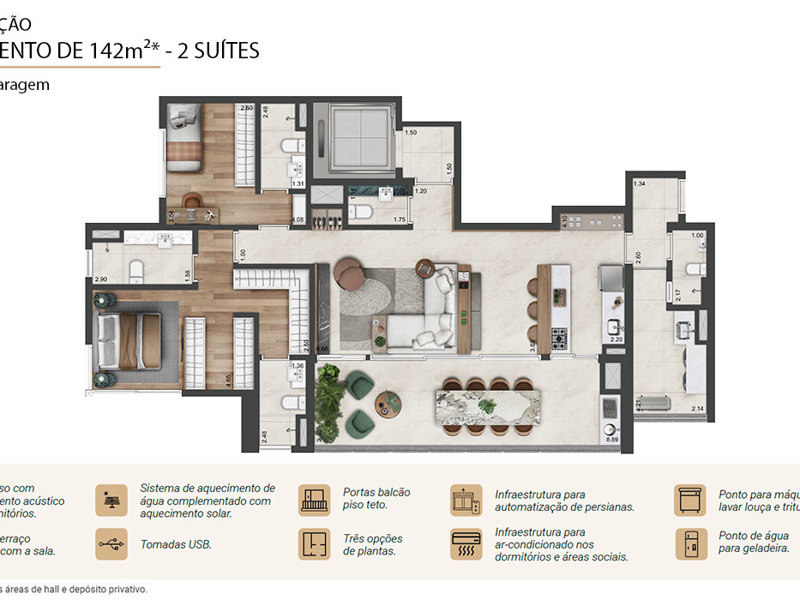 Ilustração da planta - Planta opção Prospect 142m² 2 suítes
