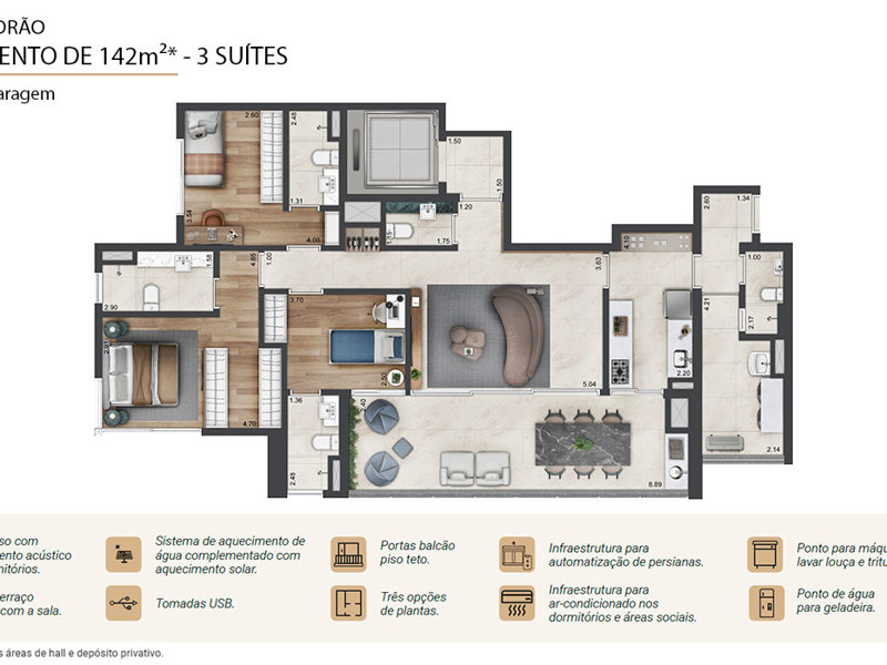 Ilustração da planta - Planta padrão Prospect 142m² 3 suítes
