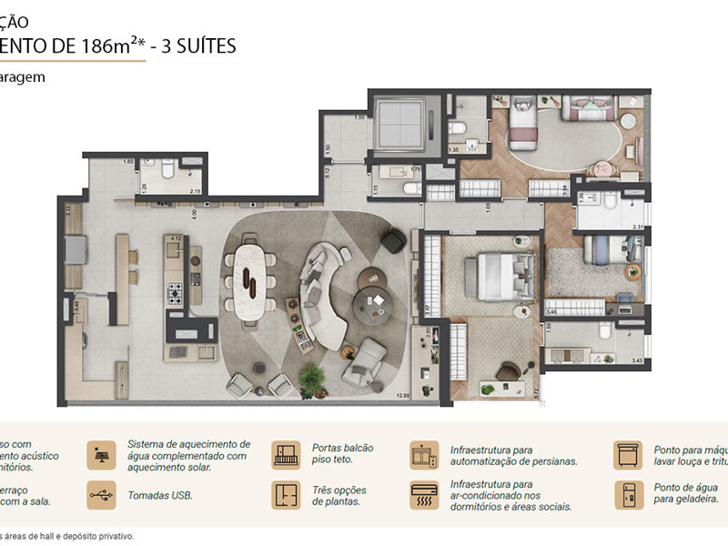 Ilustração da planta - Planta opção Prospect 186m² 3 suítes