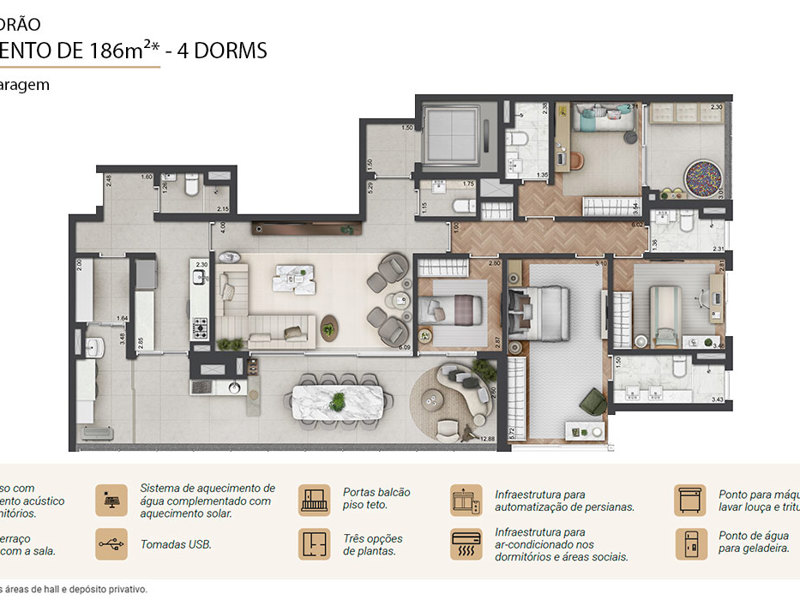 Ilustração da planta - Planta padrão Prospect 186m² 4 dormitórios