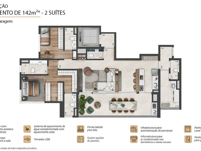 Ilustração da planta - Planta padrão Regent 142m² 2 suítes