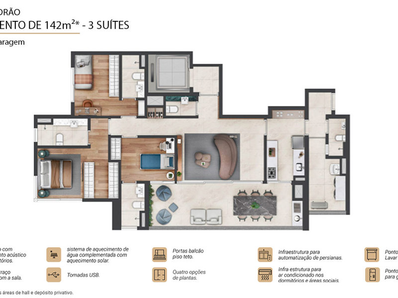 Ilustração da planta - Planta padrão Regent 142m² 3 suítes