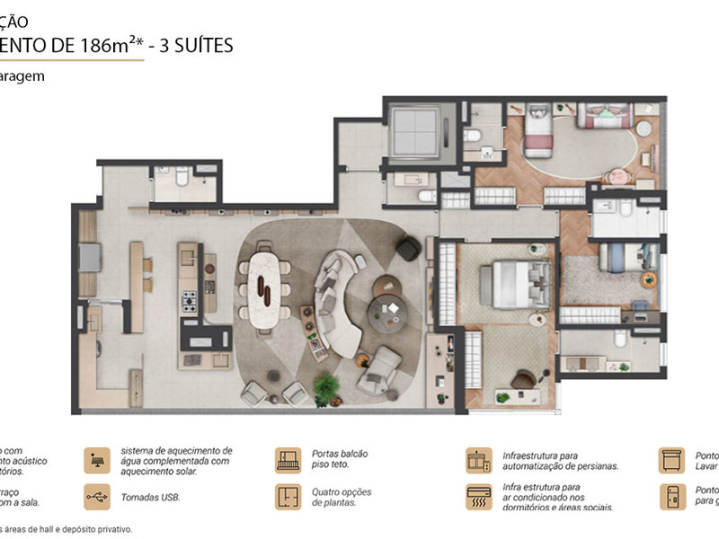 Ilustração da planta - Planta opção Regent 186m² 3 suítes