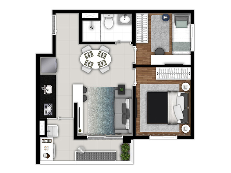 Ilustração da planta - 2 dormitorios varanda
