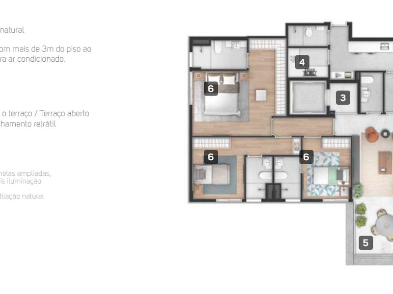 Ilustração da planta - Opção 161m² - 3 suítes