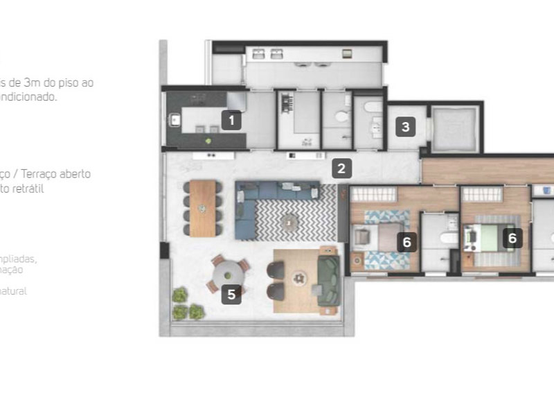 Ilustração da planta - Opcão finais 1 e 2 157m² a 160m² - 3 suítes - Sala Master