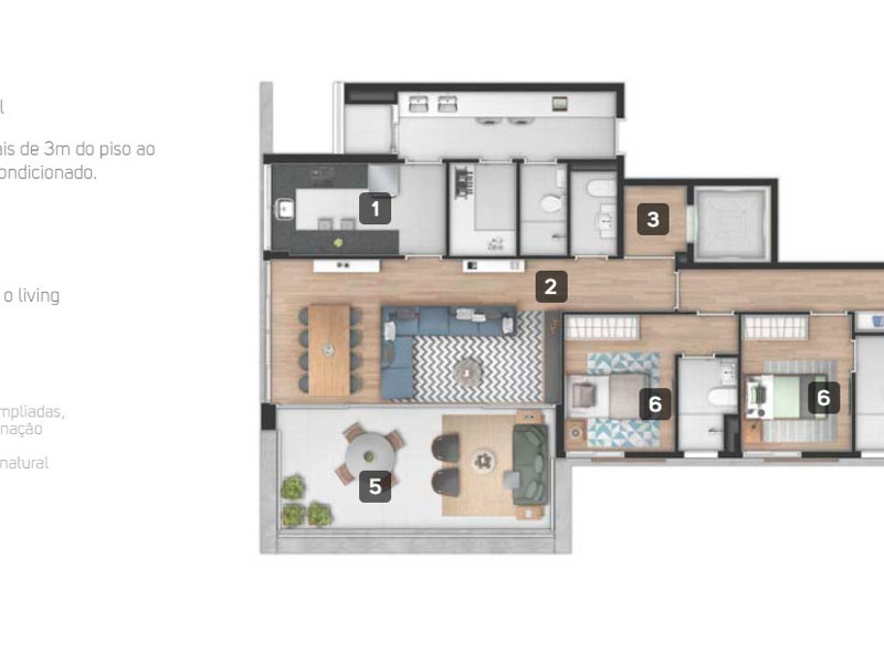 Ilustração da planta - Padrão finais 1 e 2 - 157m² a 160m² - 3 suítes