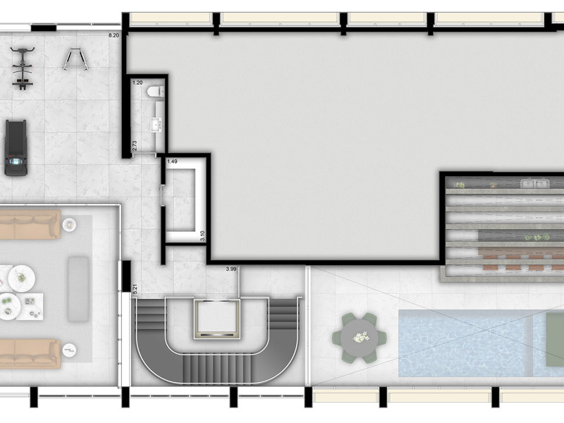 Ilustração da planta - Planta Triplex - 771m² - 4 suítes - 7 vagas - cobertura