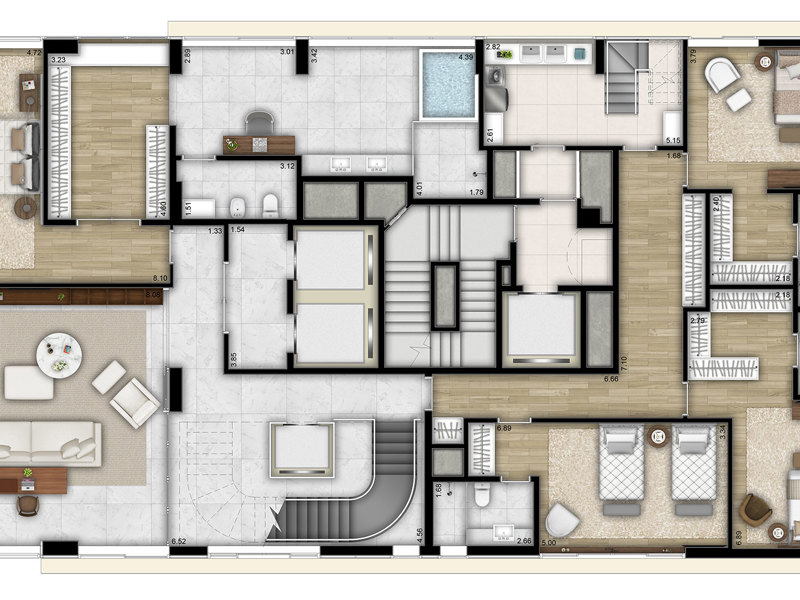 Ilustração da planta - Planta triplex - 771m² - 4 suítes - 7 vagas - inferior