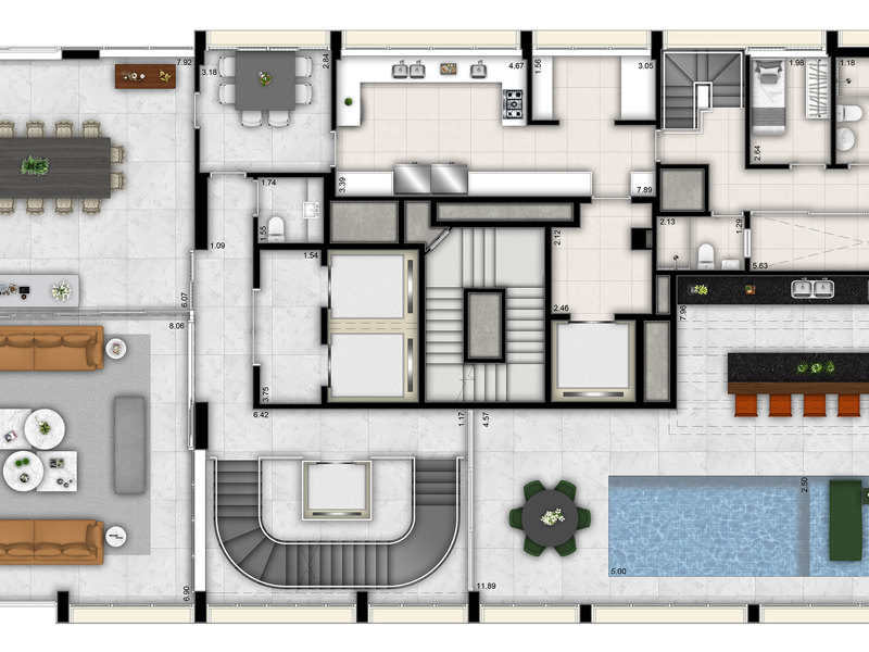 Ilustração da planta - Planta triplex - 771m² - 4 suítes - 7 vagas - intermediário