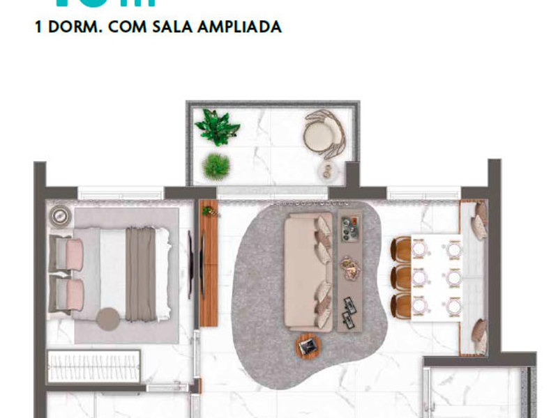 Ilustração da planta - Planta tipo 40m² 1 dorms. sala ampliada