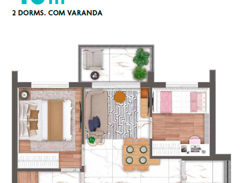 Ilustração da planta - Planta tipo 40m² 2 dorms. com varanda