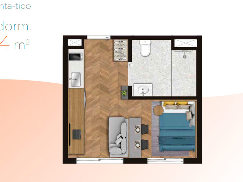 Ilustração da planta - Planta tipo (unidades serviço de moradia) 1 dorm | 24m²