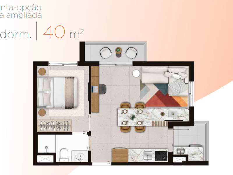 Ilustração da planta - Planta tipo 1 dorm | 40m² - Sala ampliada