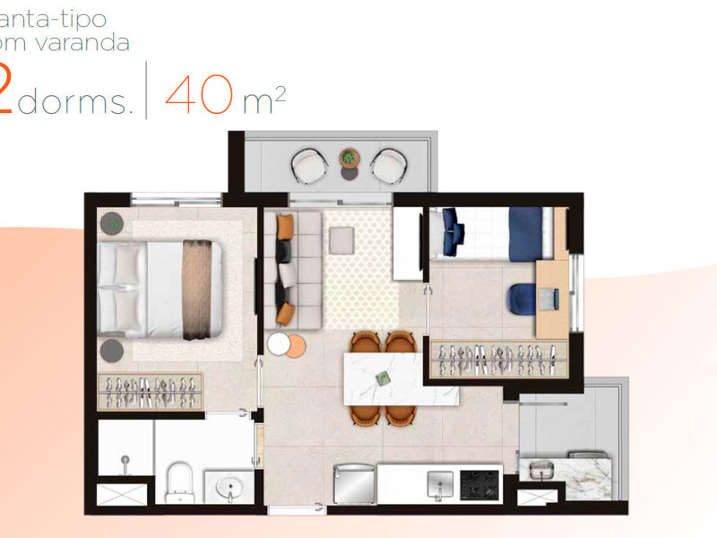 Ilustração da planta - Planta tipo com varanda 2 dorms | 40m²