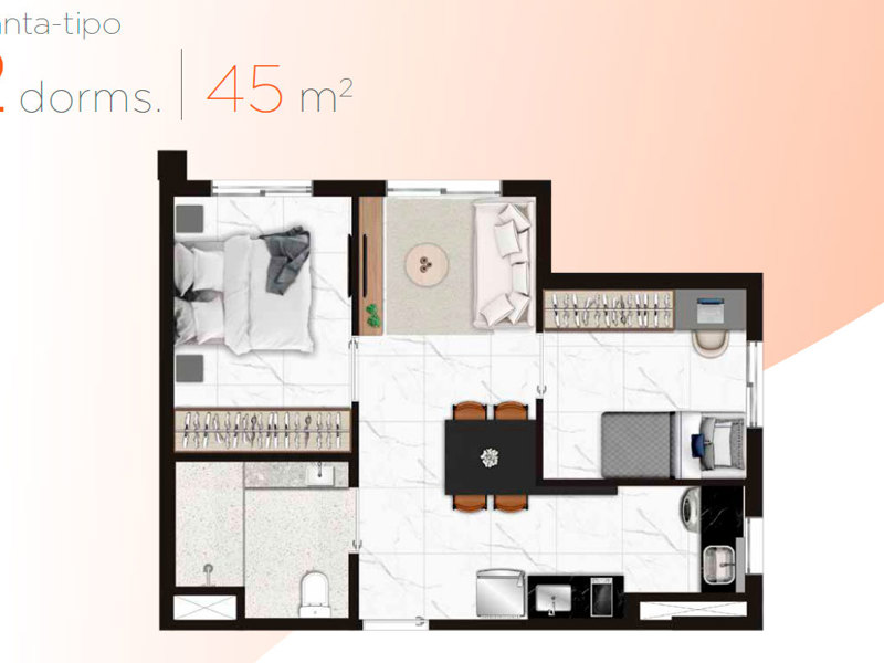 Ilustração da planta - Planta tipo (unidades serviço de moradia) 2 dorm | 45m²