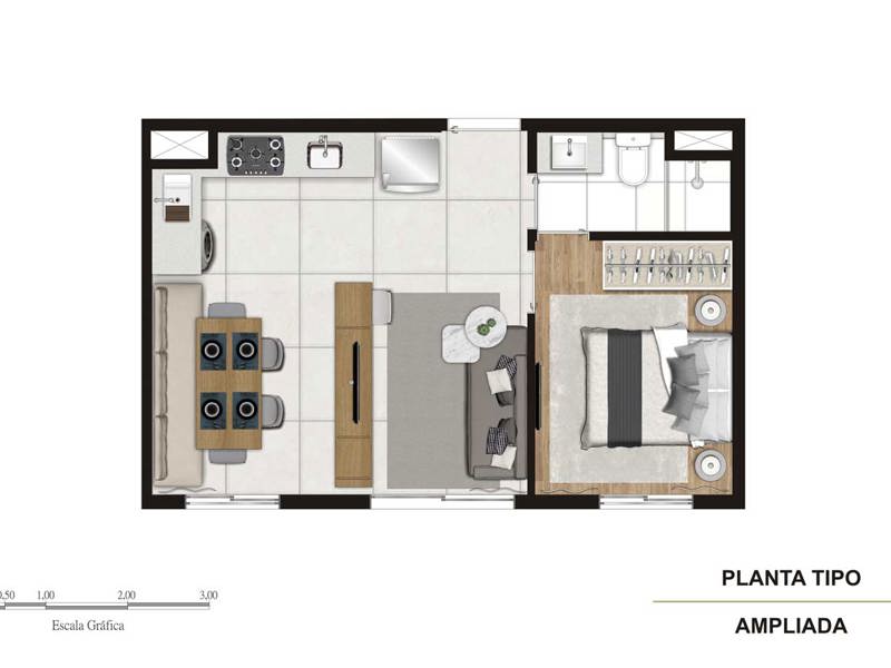 Ilustração da planta - Tipo 34m²