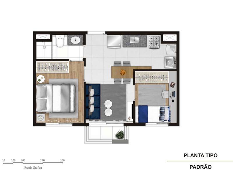 Ilustração da planta - Tipo 36m²