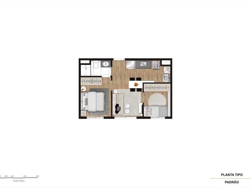 Ilustração da planta - Tipo 34m²