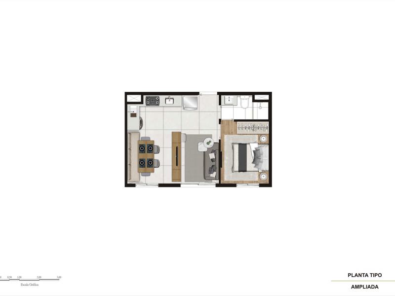 Ilustração da planta - Tipo 34m²