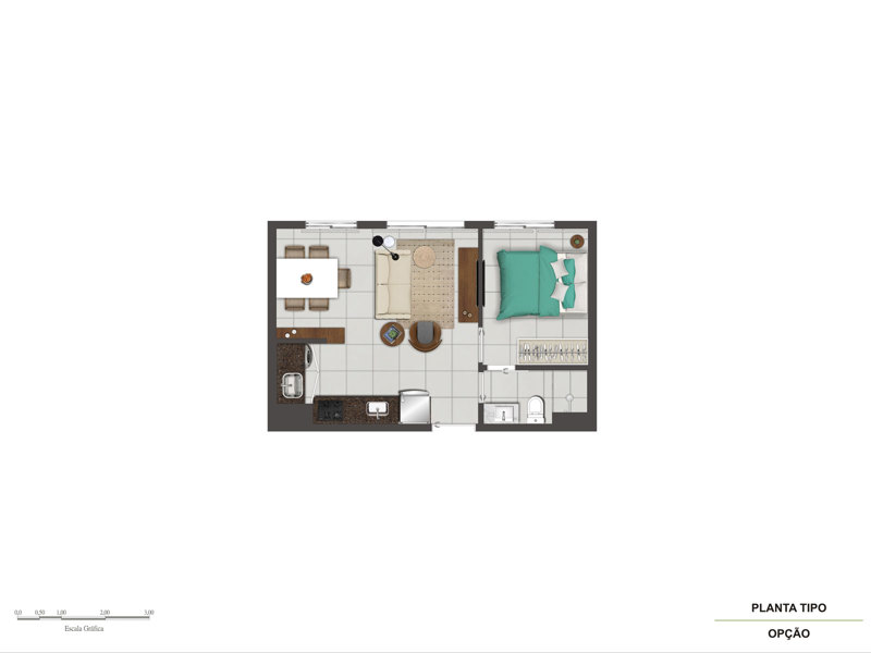 Ilustração da planta - Tipo 34m² opção