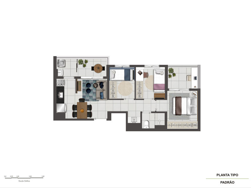 Ilustração da planta - Tipo 55m²