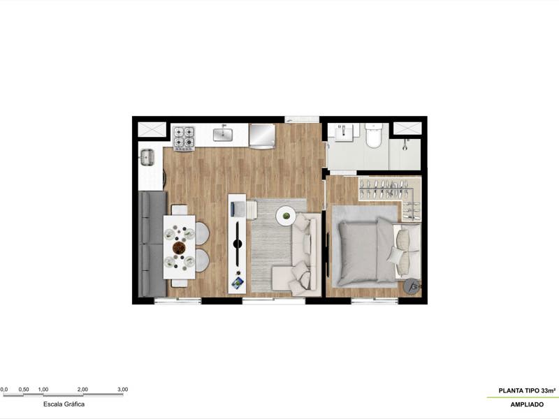 Ilustração da planta - Tipo 33m² ampliado