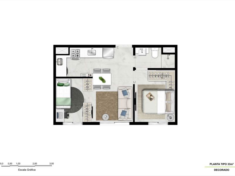Ilustração da planta - Tipo 33m² decorado