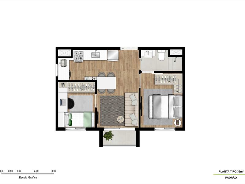 Ilustração da planta - Tipo 33m² com terraço