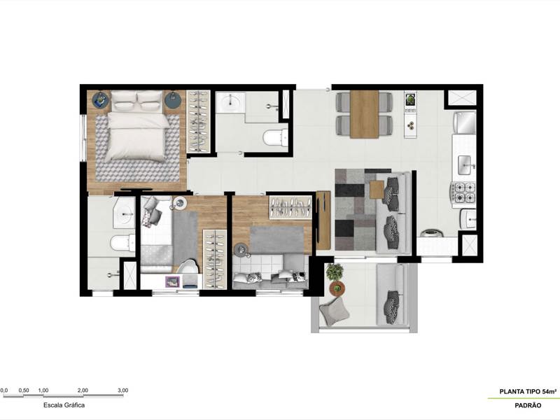 Ilustração da planta - Tipo 54m²