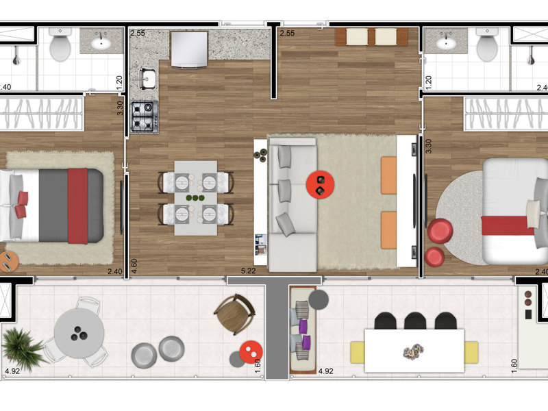 Ilustração da planta - Planta junção 2 suítes