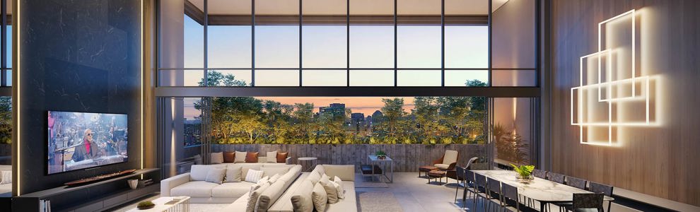 Perspectiva ilustrada do living do apartamento duplex cobertura de 510m² - 4 suítes*