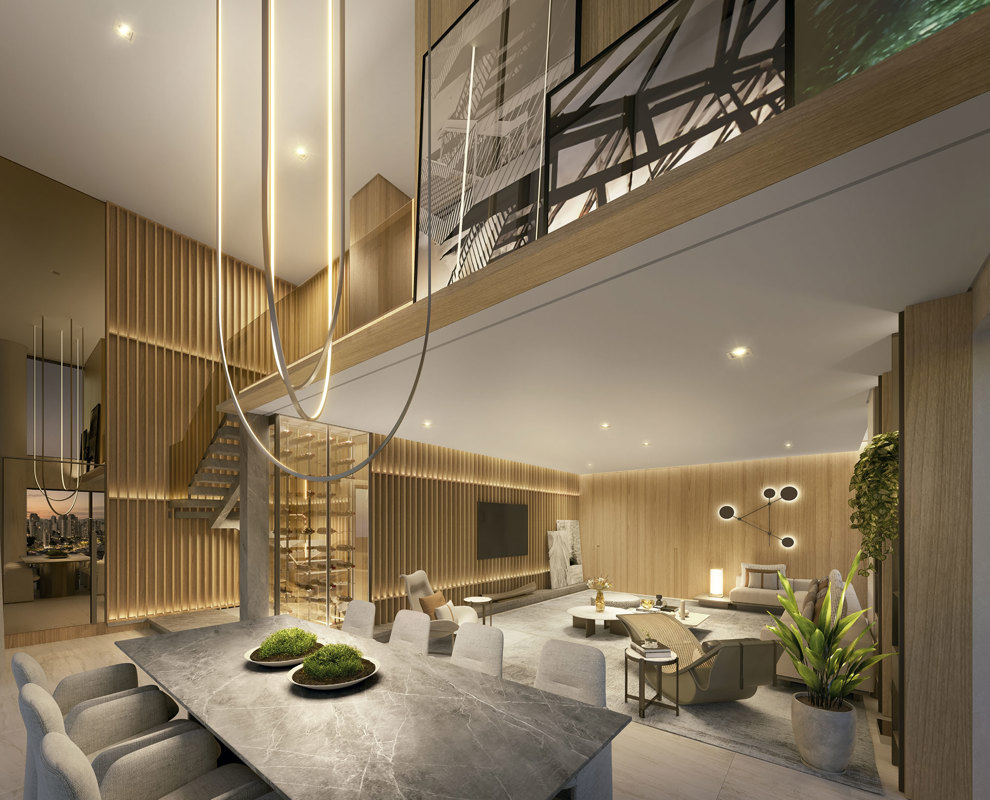Perspectiva ilustrada do living do apartamento penthouse de 311 m²