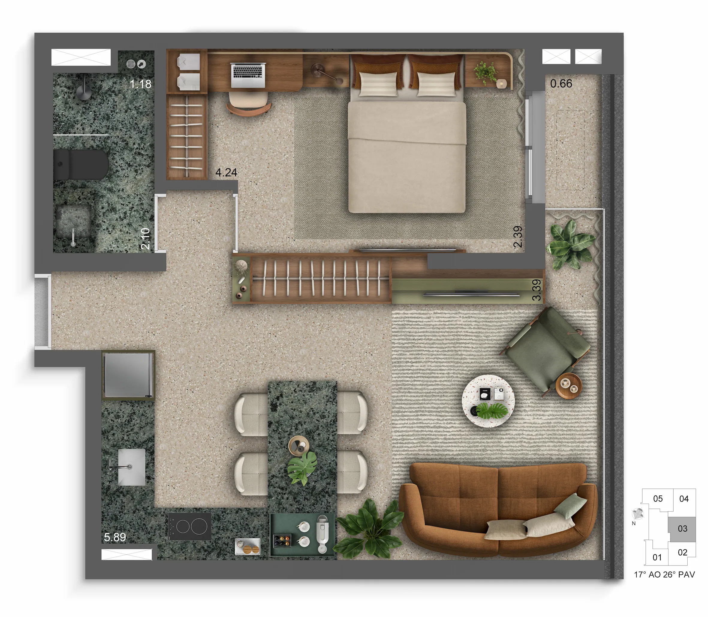 PLANTA OPÇÃO DE 41,60 M² (DECORADO), COM 1 DORMITÓRIO, FINAL 03, DO 17° AO 26° PAVIMENTO